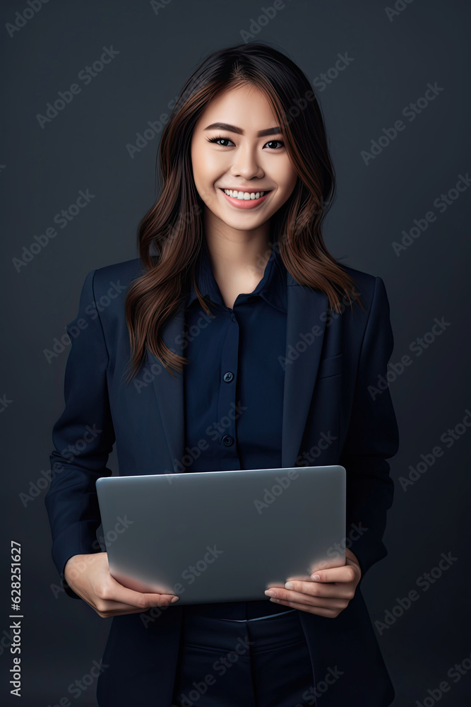 A beautiful smiling asian saleswoman , with arms folded , Holding MacBook,a dark blue suit, a smile on her face, light gray background,generative ai A beautiful smiling asian saleswoman , with arms folded , Holding MacBook,a dark blue suit, a smile on her face, light gray background,generative ai