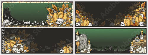 Set of Halloween posters with pumpkins, tombstone, candles and skeleton hands. Fear, horror and spooky background or symbol for design dark party of happy halloween