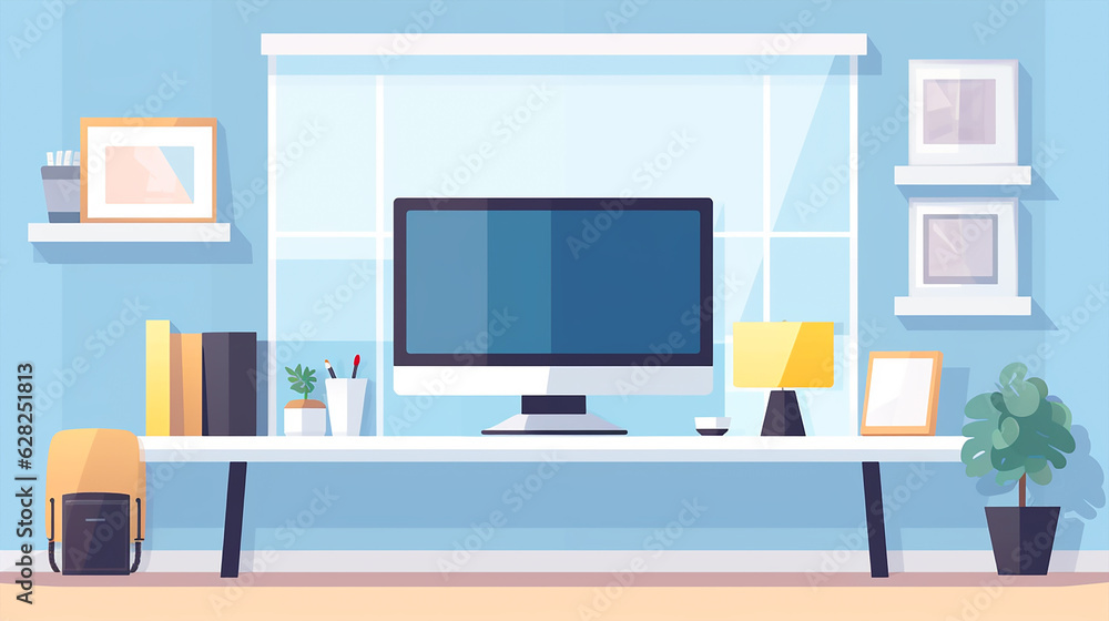 A white monitor screen in office cartoon image. Generative AI. A white monitor screen in office cartoon image. Generative AI.