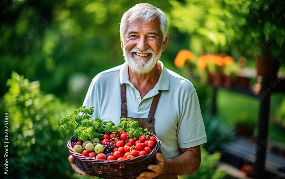 Autumn harvest concept, Happy senior man gardener with harvest in basket Autumn harvest concept, Happy senior man gardener with harvest in basket