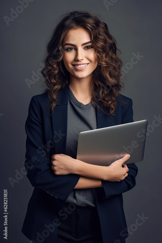 A beautiful smiling saleswoman , with arms folded , Holding MacBook，a dark blue suit, a smile on her face, light gray background
