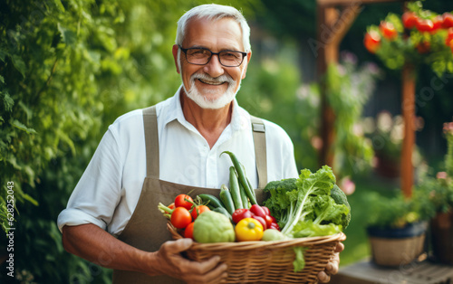 Elderly senior man gardener with a basket of fresh vegetables in the backyard, Autumn harvest concept