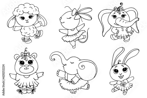 Set of linear sketches of cute animal ballerinas.Vector graphics.