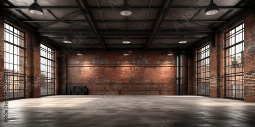 Leinwand Poster Industrial loft style empty old warehouse interior,brick wall,concrete floor and
