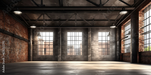 Foto Industrial loft style empty old warehouse interior,brick wall,concrete floor and