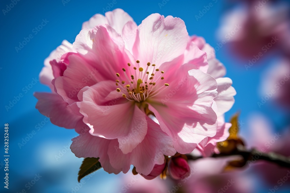 Illustration of a close-up view of a vibrant pink flower blooming on a tree branch, created using generative AI Illustration of a close-up view of a vibrant pink flower blooming on a tree branch, created using generative AI