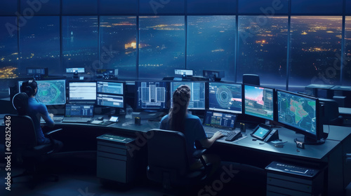 Fotografiet Diverse Air Traffic Control Team Working in a Modern Airport Tower