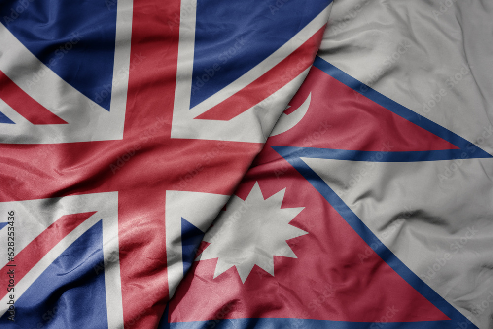 big waving national colorful flag of great britain and national flag of nepal . big waving national colorful flag of great britain and national flag of nepal .