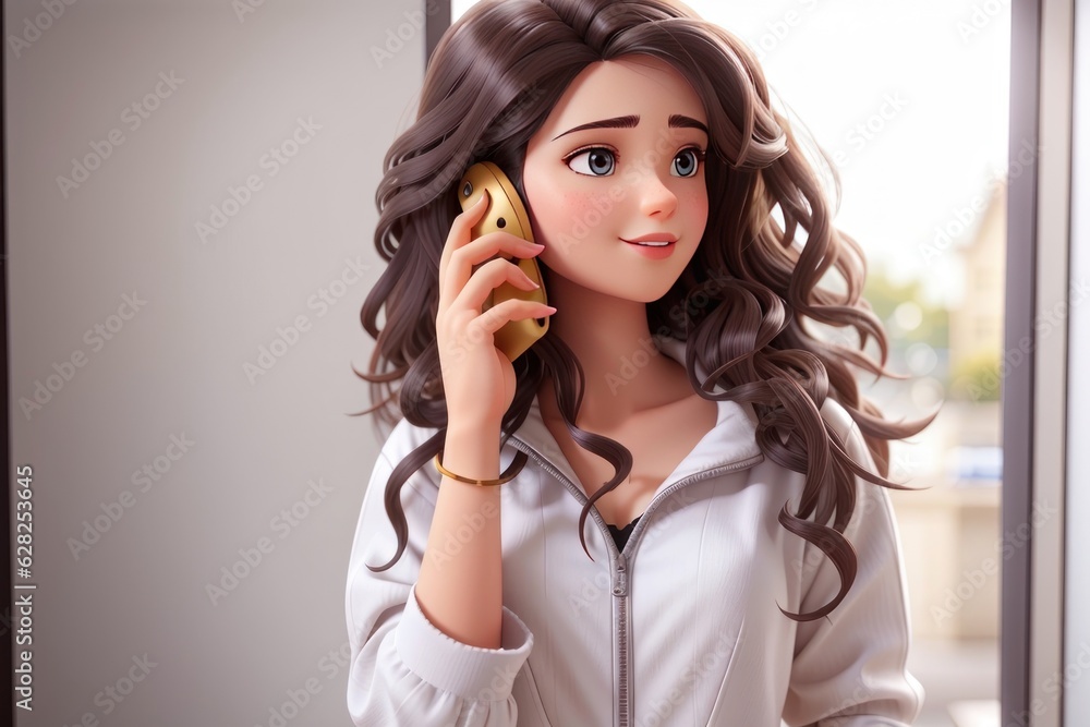Beautiful young woman talking on the phone in the office and smiling Beautiful young woman talking on the phone in the office and smiling