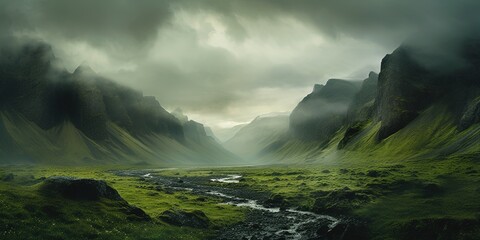 Leinwandbilder Olivgrün Generative AI, scenic green hills in the clouds, beautiful nature landscape aerial panorama, mountains, aerial photography  © DELstudio
