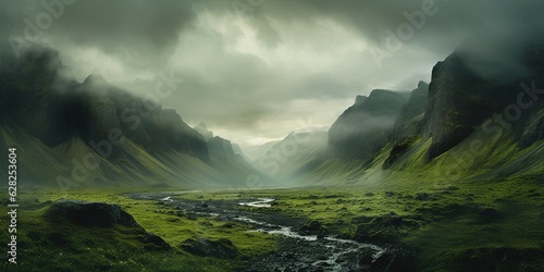 Obraz na płótnie Generative AI, scenic green hills in the clouds, beautiful nature landscape aeri
