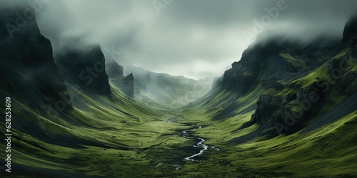 Fotomural Generative AI, scenic green hills in the clouds, beautiful nature landscape aeri