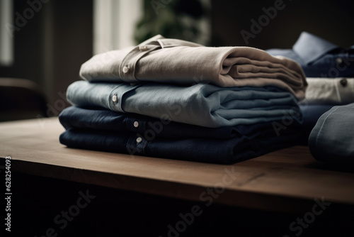 Close up of ironed and folded shirts on table © Roman