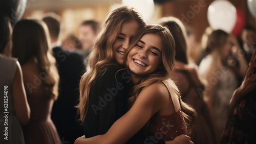 Two young girls hugging at a party or class reunion. All smiles and love among two students.