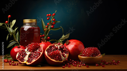 Rosh Hashanah still life. Honey, pomegranate, apples and shofar on black background.