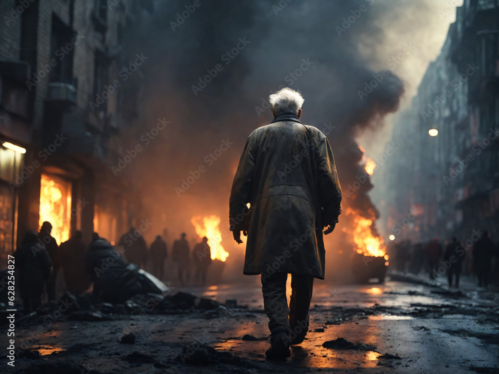 old man in a burning street
