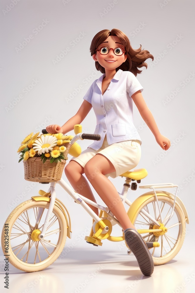 Attractive hipster girl riding a bicycle with a basket of flowers Attractive hipster girl riding a bicycle with a basket of flowers