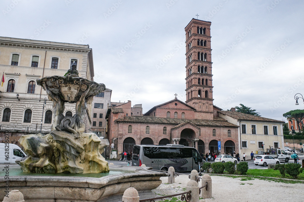 Rome, Italy - 27 Nov, 2022: Tower of the Basilica Santa Maria in Cosmedin
