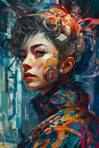 Cyberpunk girl, hand drawn style portrait, digital collage art, Generative AI