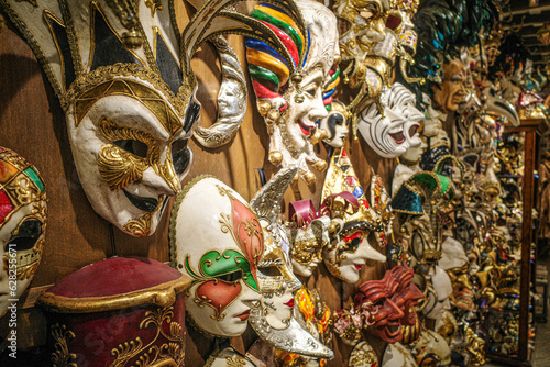 Rome, Italy - 27 Nov, 2022: Carnival masks for sale in an arts gallery in Rome