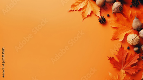 Autumn leaves and acorns on an orange background - Fall Thanksgiving Decor