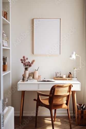 artistic frame canvas mock up in a curated whimsical studio setting / desk, atelier bohemian style with natural light and shadows - ai generative art	