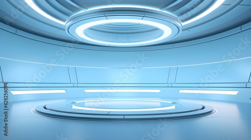 Futuristic Room in Light Blue Colors with beautiful Lighting. Stunning Background for Product Presentation.