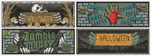 Halloween poster set with wooden plaque with skeleton hand and heart in zombie hand, skull. Set of Halloween posters for october autumn banner with pumpkins and fear background