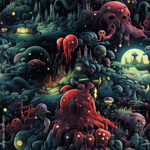 phantasmagoria surreal seamless pattern. fantasy world