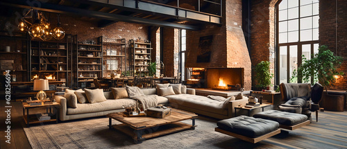 In this wide shot of an industrial living room, a rustic brick fireplace is beautifully accented with warm light, creating an inviting loft atmosphere with Restoration Hardware influences.