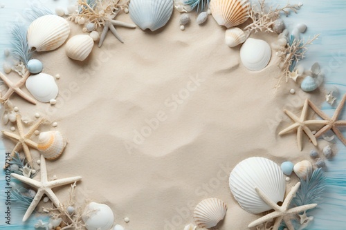 Nautical Treasures: Seashells Arranged on Sand, Generative AI