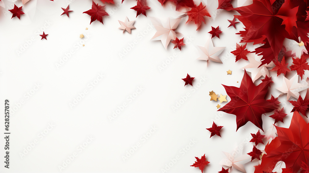 Happy 1st of July Canada Day celebrating. Top view flat lay of national maple leaves, red, white stars on white background with empty space for text Generative AI Happy 1st of July Canada Day celebrating. Top view flat lay of national maple leaves, red, white stars on white background with empty space for text Generative AI