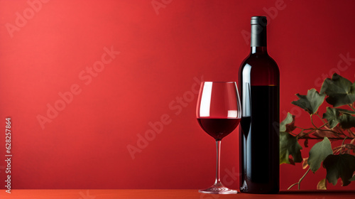 A bottle and a glass of red wine stand on a black mirror table. Black and red background. Generative AI