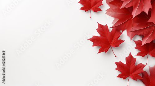 Happy 1st of July Canada Day celebrating. Top view flat lay of national maple leaves, red, white stars on white background with empty space for text Generative AI © Nataliia