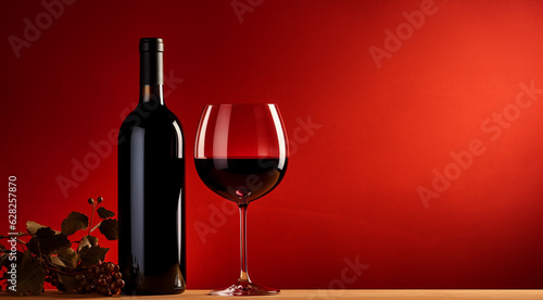 A bottle and a glass of red wine stand on a black mirror table. Black and red background. Generative AI