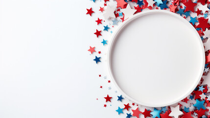 4th of July background, USA Presidents Day, Independence Day, Memorial day, US election concept. Red white and blue paper fans with stars confetti. Flat lay, top view, banner Generative AI