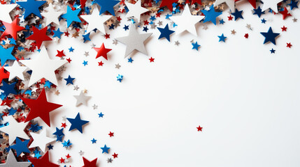 4th of July background, USA Presidents Day, Independence Day, Memorial day, US election concept. Red white and blue paper fans with stars confetti. Flat lay, top view, banner Generative AI