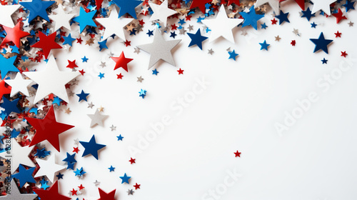 4th of July background, USA Presidents Day, Independence Day, Memorial day, US election concept. Red white and blue paper fans with stars confetti. Flat lay, top view, banner Generative AI