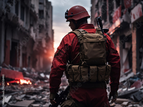 soldier in a destroyed city