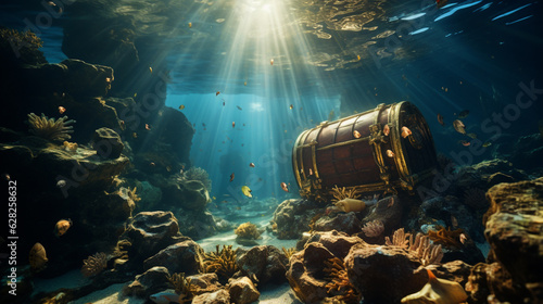 beautiful opened empty old wooden treasure chest submerged underwater world with anchor, amphora and light rays, close up Generative AI © Nataliia