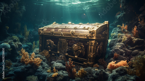 beautiful opened empty old wooden treasure chest submerged underwater world with anchor, amphora and light rays, close up Generative AI