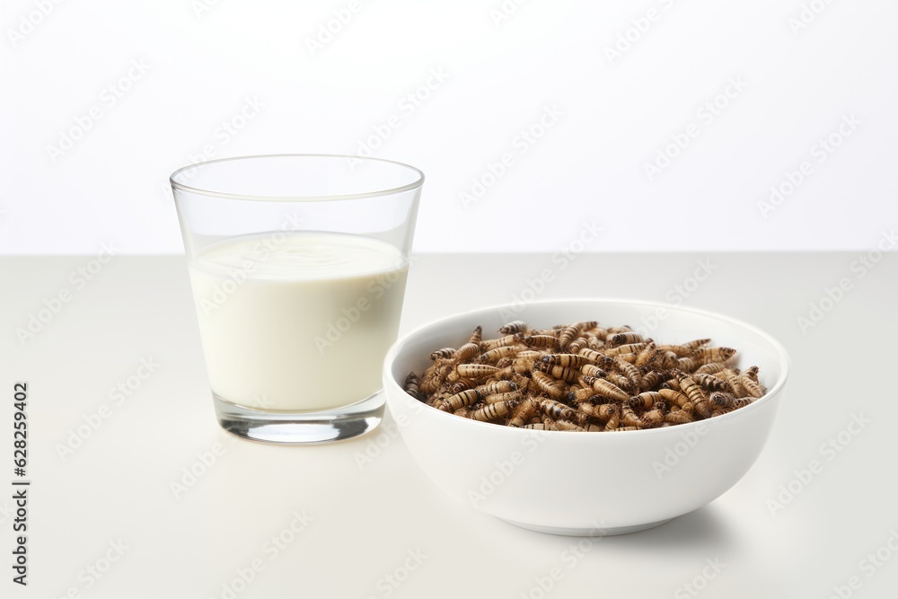 Insects alternative milk white bowl with black soldier fly larvae on white background. Super nutritious rich protein product. Generative AI. Insects alternative milk white bowl with black soldier fly larvae on white background. Super nutritious rich protein product. Generative AI.