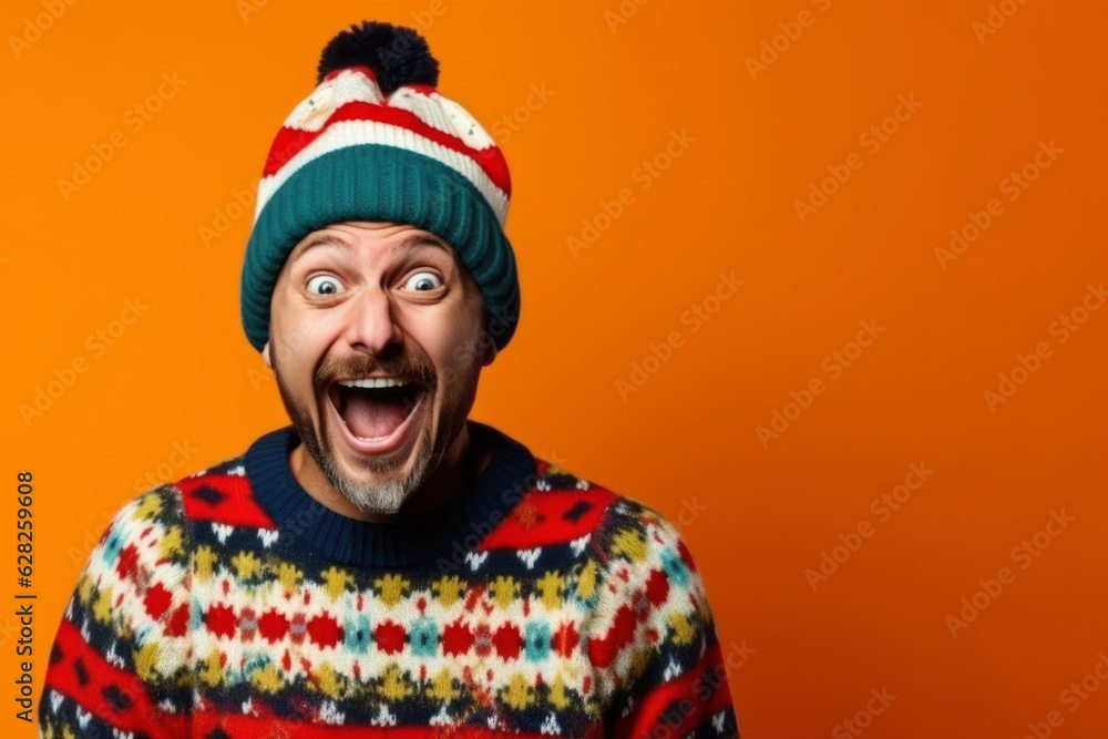 Humorous Adult with winter clothes and Open Mouth Expressing Fun and Happiness. Generative AI Humorous Adult with winter clothes and Open Mouth Expressing Fun and Happiness. Generative AI