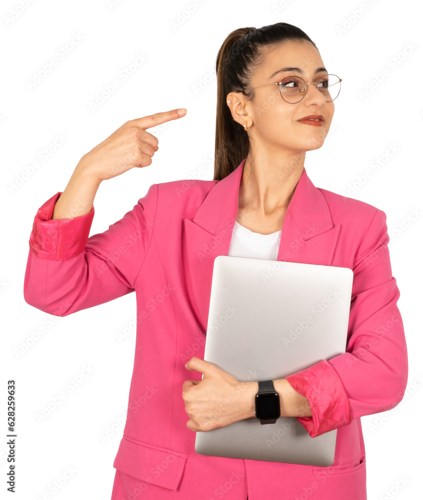 Point index finger aside, portrait of successful young business woman holding laptop point index finger aside on workspace isolated transparent png background. Technology lifestyle banner concept. Point index finger aside, portrait of successful young business woman holding laptop point index finger aside on workspace isolated transparent png background. Technology lifestyle banner concept.