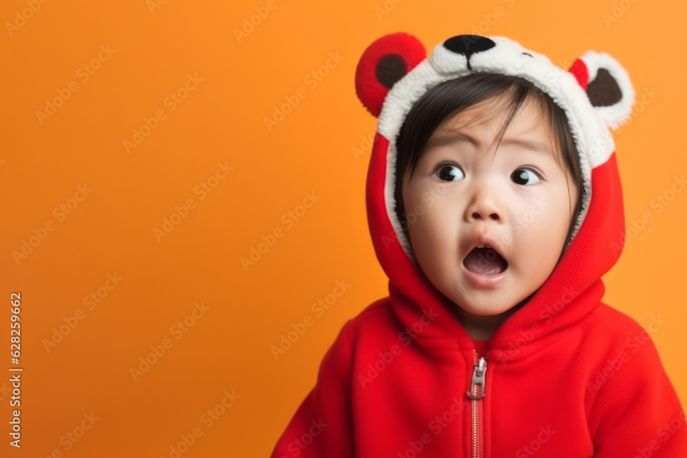 Funny little asian kid with mouth open on colored background with copy space. Generative AI Funny little asian kid with mouth open on colored background with copy space. Generative AI