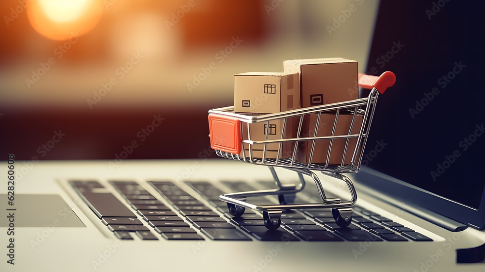 Shopping online. cardboard box with a shopping cart logo in a trolley on a laptop keyboard. Shopping service on The online web. offers home delivery..