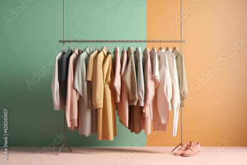 Rack with hanging clothes on color background © Roman