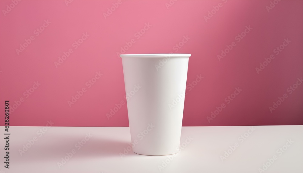 Disposable White Paper Cup for Drinks Mockup on White Table with Pink Background Disposable White Paper Cup for Drinks Mockup on White Table with Pink Background