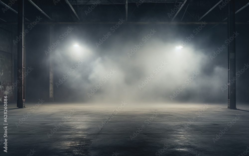 An empty studio with a cement floor, with floodlights above and smoke in the background