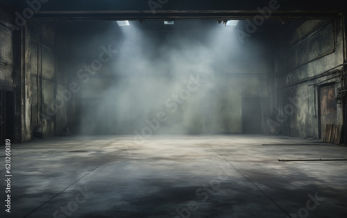 An empty studio with a cement floor  with floodlights above and smoke in the background